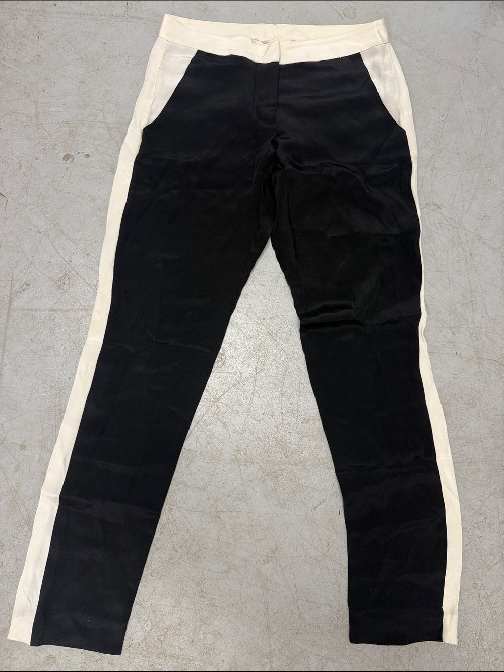 Black Slim Jogger Pants with Cream Side Stripes Size Small PARKER 100% Silk